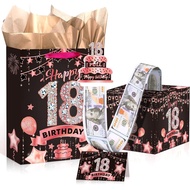 Rose Gold Black 18th Birthday Money Box and Gift Bag with Wrapping Paper Card for Party Supplies