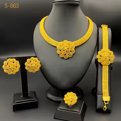 Luxury Wedding AU999 24K Gold Flower Jewelry Set! 4-Piece(Bracelet+Earrings+Ring+Necklace) Flatterin