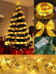 5米黃金暖白閃爍晶帶裝飾燈,常亮的聖誕節襯帶,led緞帶燈,雙層金箔發光緞帶燈,派對緞帶裝飾燈,聖誕樹裝飾燈,led銅線燈,電池盒緞帶串燈,禮盒裝飾用緞帶