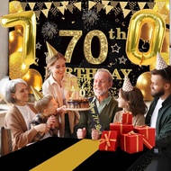 70th Birthday Decorations Men Women with 70th Birthday Banner, Black and Gold Table Cloth,Number Bal
