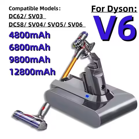 Dyson vacuum cleaner uses V6 battery, 21.6 V,12800mAh, 21.6 V, 12.8Ah, DC62, DC59 (4,8 Ah, 6,8 Ah, 9