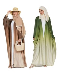1件女士穆斯林時尚漸變色開衩長袍，適用於節日派對優雅