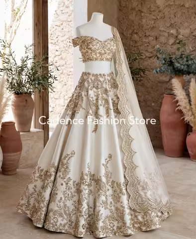 South Asian Wedding Lehenga Set Ivory Base Intricate Gold Thread Beadwork Off‑Shoulder Blouse A-line