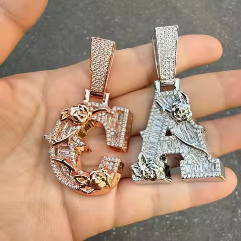 TOPGRILLZ Custom Letter Pendant Iced Out CZ Baguette Thorn Rose Initial Name Charm Hip Hop Jewelry M