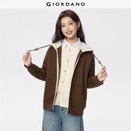 GIORDANO Women Hoodies Fleece Lined Contrast Zip Through Hoodies Kanga Pockets Fashionable Casual Lo