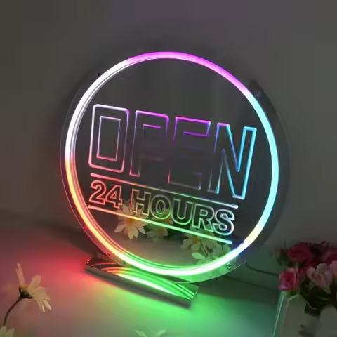 RGB Open 24 Hours LED Lights Open Neon Sign Mirror Colorful Neon Lamp Wall Decor Cafe Bar Store Deco