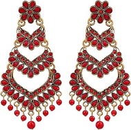 Bollywood Jewellery Traditional Ethnic Bridal Bride Wedding Bridesmaid Ethnic Gold-Plated Jadau Red Kundan Long Pearl Earrings Jhumka earrings