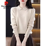 YQ Pierre Cardin（pierre cardin）2023Autumn and Winter New Knitwear for WomenPOLOCollar Inner Match Slimming Red Sweaters