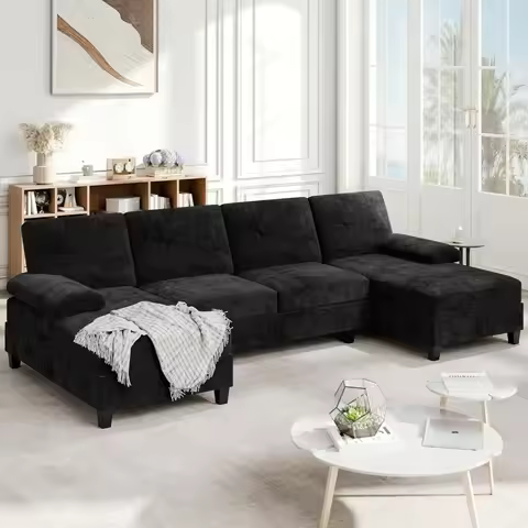 U Shaped Sectional Sofa Double Chaise Soft 4 Seat 106in Living Room Black, Custom