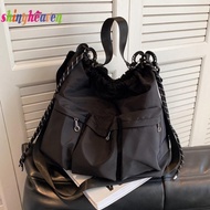 [shinyheaven.sg] Unisex Black Sling Bag Oxford Cloth Drawstring Simple Satchel Bag Multi-pocket Lage Capacity Versatile Leisure Bag for Women Men