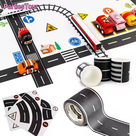 PlayTape Black Road-Black Road Tape Includes Street Curves Tape Car Track for Boys Sticker Roll for 