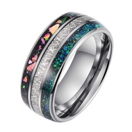 8mm Spherical Tungsten Steel Ring Inlaid Meteorite and Natural Green Opal Glass Stone Light Luxury M
