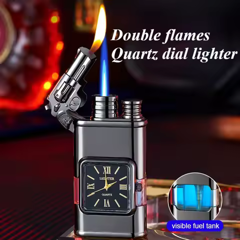 Gun Model Dual Flame Lighter with Watch Metal Windproof Torch Jet Open Flames Personalized Embossed 