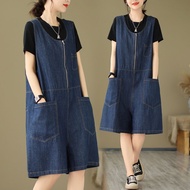 ZH【 Ready Stock】Retro workwear denim jumpsuit denim jumpsuit for women summer Korean style small 2024 new loose straight suspender shorts