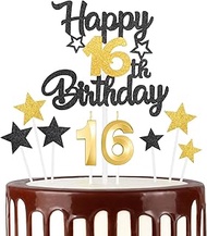 Black Gold 16th Birthday Candles Cake Topper Set, 3D Golden Number 16 Candle for Cakes, Girls Boys 1