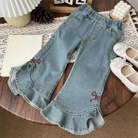 Summer Autumn Girls Fashion Sweet Bellbottom Pant Bow Embroidered Casual Jean 1 Pc 2-7 Years Childre