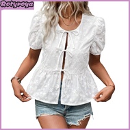 Women Shirt Round Neck Puff Short Sleeve Casual Shirt Solid Color Loose Fit Embroidery Flower Patter