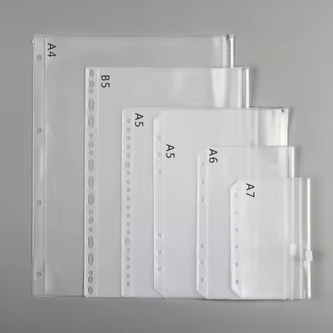 12PCS Binder Pockets A4 B5 A5 A6 A7 Zipper Envelope Pouch Frosted Loose Leaf Zip Pocket Notebook Bin