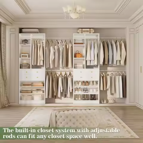 Closet System, Up to 134"/11.2 FT Closet Organizer with 4 Wooden Drawers and Shelves, Walk-in Closet