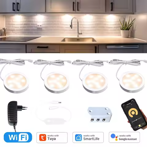 3 4 6 9Pack Tuya WiFi Round LED Under Cabinet Light Dimmable Closet Kitchen Wardrobe Cupboard Showca
