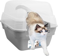 Petfamily 3in1 large cat litter tray box with hood lid Grey pan, kitten starter litter tray XL large