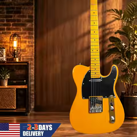 Handmade orange tel electric guitar with black protective plate, 6-series fixed bridge suitable as a