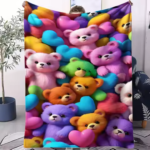 "Rainbow Teddy Bear Heart Blanket - Cozy Throw for Bedroom Sofa Picnic Camp Bed Cute Decor Perfect G