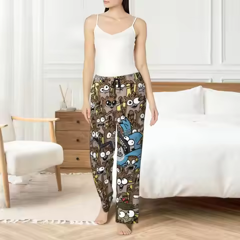 Custom Printed R-Regular Show Pajama Pants for Women Funny Cartoon Sleep Sleepwear Bottoms with Pock
