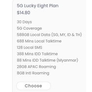Eight Telecom $14.80 / 5G Lucky Eight Mobile Plan  – 588GB Local Data Across SG, MY, ID & TH, Roamin