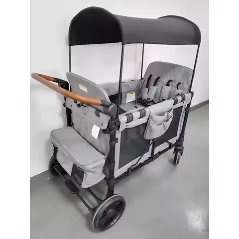 Foldable Double Baby Wagon Cart, Four-Seat Portable Kids Stroller Wagon for Outdoor Travel