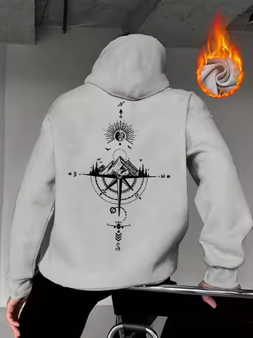Men's Autumn-Winter Mountain River Sun Moon Compass Print Hooded Down Jacket, Versatile Sportive Cas