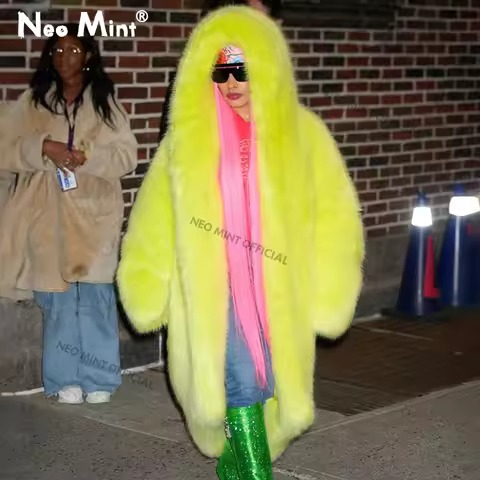 Neo Mint Women Luxury Brand Runway Fashion Long Hooded Faux Fur Coat Jacket Ins Nicki Minaj Neon Gre