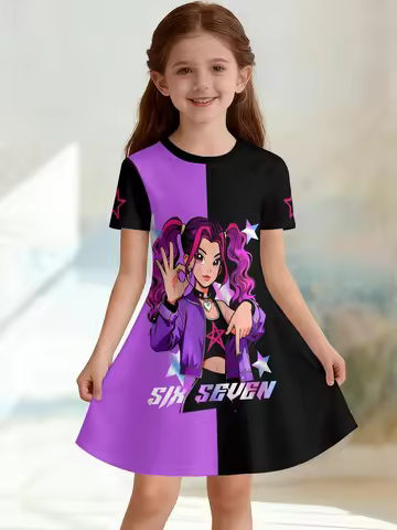 VGirls 3D Crew Neck A-line Dress, Girl Group Stage Colorful Trendy Color-block Print, Perfect for Pa