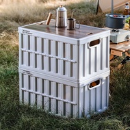 64L Collapsible Storage Box Crate with Lid Folding Storage Box with Wooden Cover Panel for Home Outd
