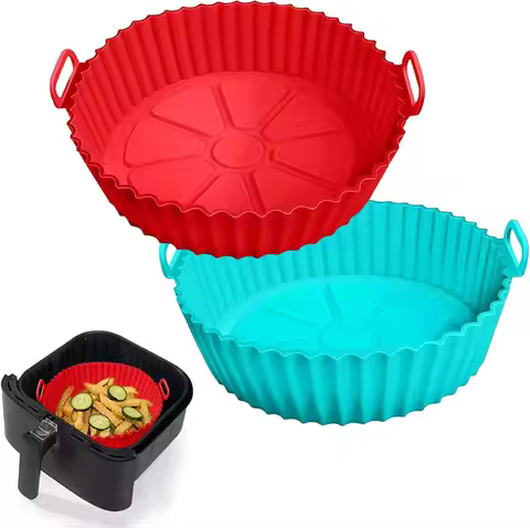 2-Pack Air Fryer Silicone Liners for 3-5 QT Baskets, Reusable Baking Tray Accessories in Red and Blu