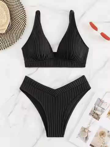 Summer Black Pure Lace-Up Separate Bikini Swimsuit Set Photo Check-In