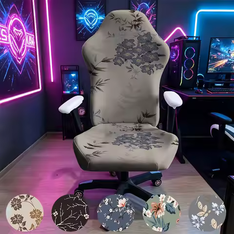Grey Floral Bamboo Gaming Chair Cover, Stretch Elastic Anti-Scratch Slipcover for Gamer & Office Cha