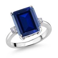 925 Sterling Silver 12X10MM Blue Simulated Sapphire and 2MM White Created Sapphire 3 Stone Engagemen