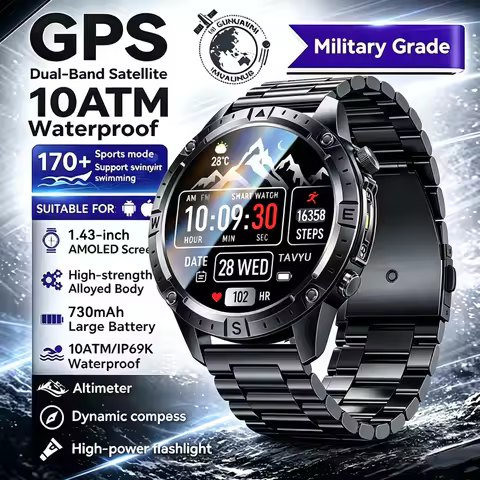 2026 New Military GPS Offline Map SmartWatch Built in GPS Compass 10ATM Waterproof 1.43" AMOLED Scre