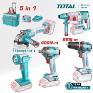 Total Cordless Combo with Impact Wrench(400nm) + Impact Drill(66nm) + Rotary hammer + Angle Grinder 