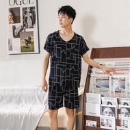 Bộ Đồ Ngủ Nam Vải Lụa Cotton Mùa Hè Mỏng Tay Ngắn Rộng Rãi Cỡ Lớn Quần Short Đồ Ngủ Thoải Mái Thoáng