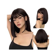 Wig with bangs, black bob cut, short , natural daily use Synthetic fiber wig