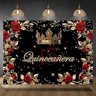 Quinceanera 15th Birthday Backdrop for Girls Princess Crown Red Rose Floral Gold Leaves Mis Quince A