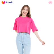 ChobCrop เสื้อครอป เอวลอย สีบานเย็น แขนสั้น คอกลม ผ้าคอตตอน มี3ทรง Deep Pink Crop Top