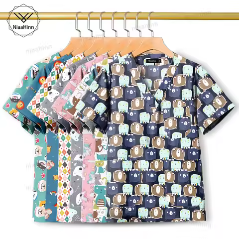 Dental Scrub Veterinary Pet Store Work Clothes Medical Blouse Cotton Printing Unifrom Multicolour Nu
