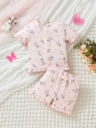 嬰兒女寶寶粉色假日短袖T恤和短褲套裝，附有蕾絲，家居服飾