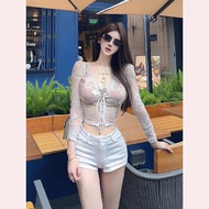 เสื้อเชิ้ตคอวีแขนยาวผ้าลูกไม้ทรงเข้ารูป TiTi Beauty Girl Pure Desire Backless String White Top ฤดูร้