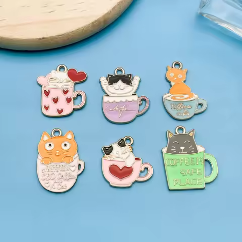 Mix 6pcs/Drip Oil Tea Cup Cat Set Series Fashion Jewelry Making DIY Craft Back to School Halloween C