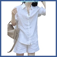 LAHSTORE women's loose long-sleeved linen shirt with off-the-shoulder tail cutout (White)