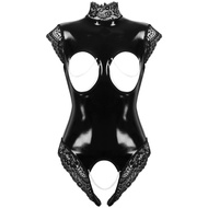 Erotic Fetish Bodys Suit Cupless Crotchless Teddy Femme Black Wetlook Pvc Latex Catsuit Gothic Women Porno Costume Sexy Lingerie